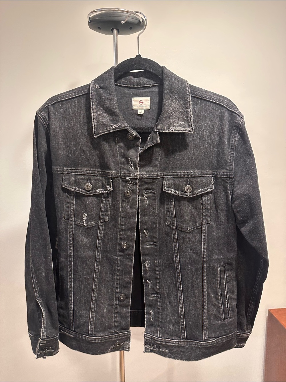 Ag Adriano Goldschmied Black Denim Jacket with Red Logo Tag